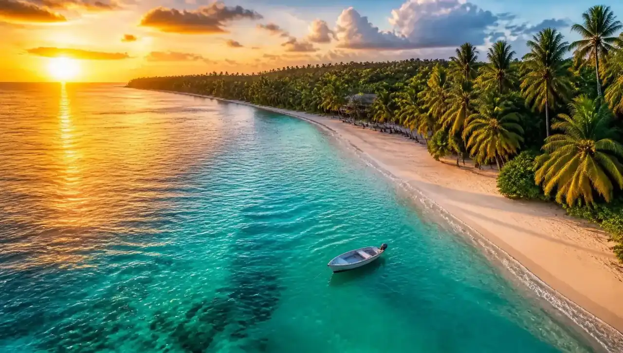 Vista aérea de una playa caribeña de aguas turquesa al atardecer